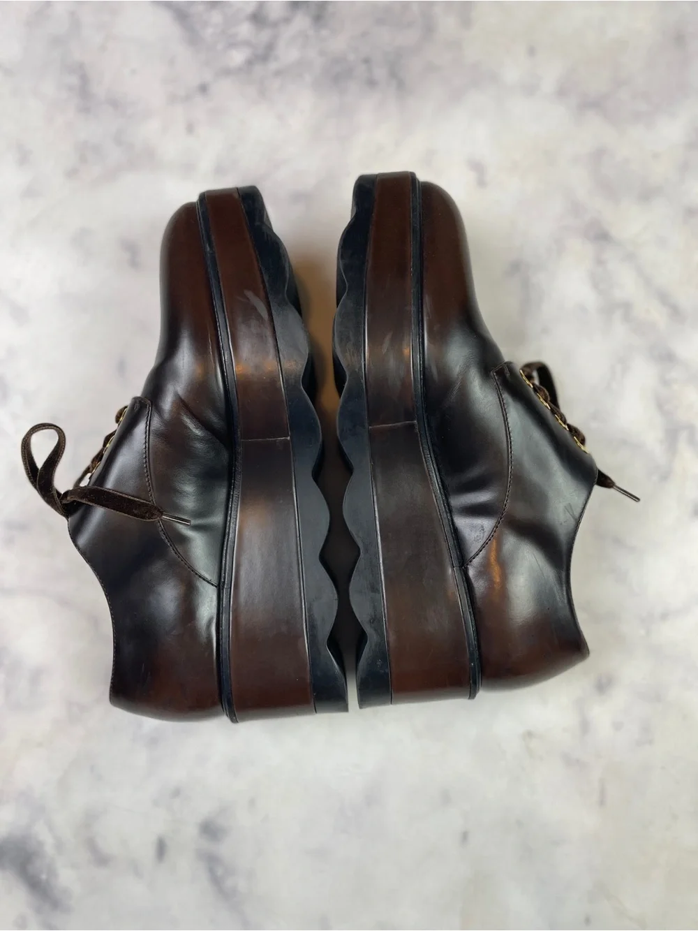 PRADA Vitello Old Platform Oxfords Brown Wavy Sole Flatform 1E851H Sz 39 / 9